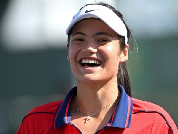 Emma Raducanu (GBR) reacts on the practice courts during day 2 of the BNP Paribas Open at the Indian Wells Tennis Garden.