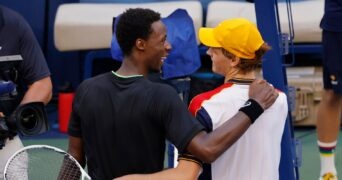 Jannik Sinner and Gael Monfils of France after their match on day six of the 2021 U.S. Open tennis tournament at USTA Billie Jean King National Tennis Center.