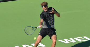 Alexander Zverev (GER) hitting a forehand during his men's singles match at the BNP Paribas Open at the Indian Wells Tennis Garden, Indian Wells, CA.