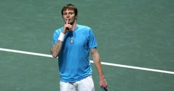 Kazakhstan's Alexander Bublik celebrates winning his match against Canada's Vasek Pospisil