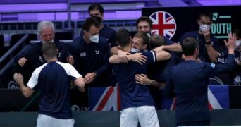 Britain's Joe Salisbury and Neal Skupski celebrate with teammates after winning their doubles match against Czech Republic's Tomas Machac and Jiri Vesely