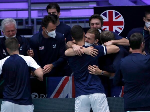 Britain's Joe Salisbury and Neal Skupski celebrate with teammates after winning their doubles match against Czech Republic's Tomas Machac and Jiri Vesely