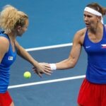 November 1, 2021 Czech Republic's Lucie Hradecka and Katerina Siniakova react during their group stage doubles match against Germany's Jule Niemeier and Anna-Lena Friedsam