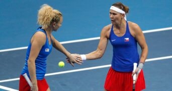 November 1, 2021 Czech Republic's Lucie Hradecka and Katerina Siniakova react during their group stage doubles match against Germany's Jule Niemeier and Anna-Lena Friedsam