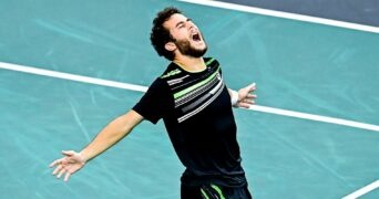 Hugo Gaston (Fra) at the end of his win over Carlos Alcaraz at the Rolex Paris Masters