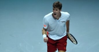 Croatia's Nino Serdarusic reacts during his match against Hungary's Fabian Marozsan