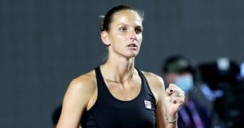 Czech Republic's Karolina Pliskova reacts during her group stage match against Spain's Garbine Muguruza