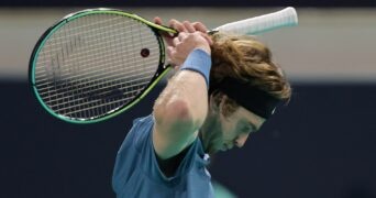 Russia's Andrey Rublev reacts during his semi final match at the Mubadala World Tennis Championship in Abu Dhabi