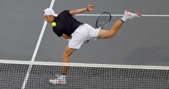 Canada's Denis Shapovalov in action during his semi final match against Russia's Andrey Rublev at the Mubadala World Tennis Championships in Abu Dhabi