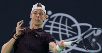 Canada's Denis Shapovalov in action during his semi final match against Russia's Andrey Rublev at the Mubadala World Tennis Championships in Abu Dhabi