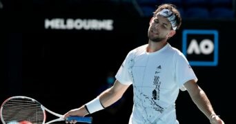 Austria's Dominic Thiem reacts during his fourth round match against Bulgaria's Grigor Dimitrov at the Australian Open