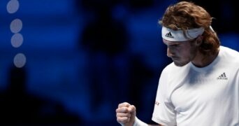 Greece's Stefanos Tsitsipas reacts during his group stage match at the ATP Finals against Russia's Andrey Rublev