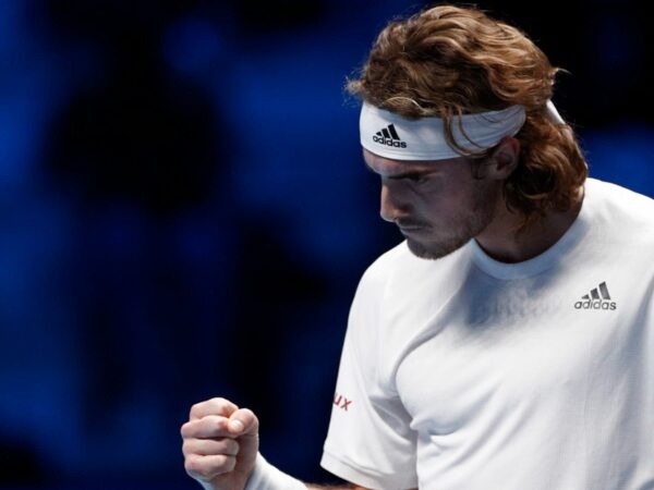 Greece's Stefanos Tsitsipas reacts during his group stage match at the ATP Finals against Russia's Andrey Rublev