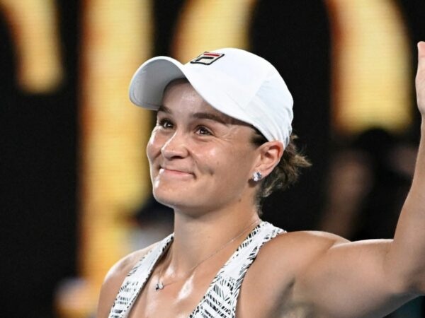 Australia's Ashleigh Barty celebrates winning her semi final match against Madison Keys of the U.S. at the Australian Open