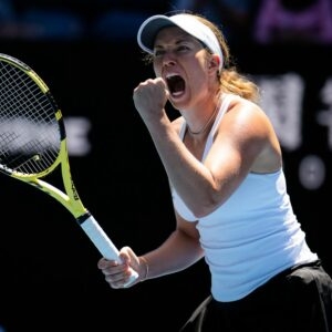 Danielle Collins of the United States in action during the fourth round at the 2022 Australian Open Grand Slam Tennis Tournament