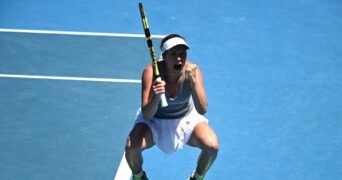 Danielle Collins of the U.S. celebrates winning her quarter final match against France's Alize Cornet at the 2022 Australian Open