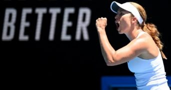 Danielle Collins of the U.S. reacts during her fourth round match against Belgium's Elise Mertens at the 2022 Australian Open