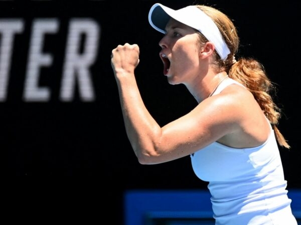 Danielle Collins of the U.S. reacts during her fourth round match against Belgium's Elise Mertens at the 2022 Australian Open