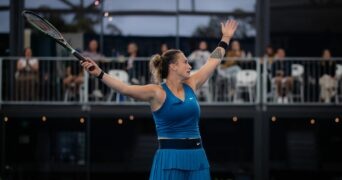 Aryna Sabalenka of Belarus in action during the second round of the 2022 Adelaide International WTA 500 tennis tournament