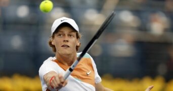 Italy's Jannik Sinner in action during his first round match against Spain's Alejandro Davidovich Fokina at the Dubai Tennis Championships