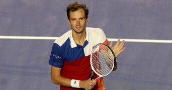 Russia's Daniil Medvedev celebrates winning his round of 16 match against Spain's Pablo Andujar at the Abierto Mexicano in Acapulco