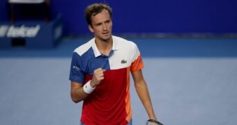 Russia's Daniil Medvedev reacts during his match against France's Benoit Paire at the Abierto Mexicano Open