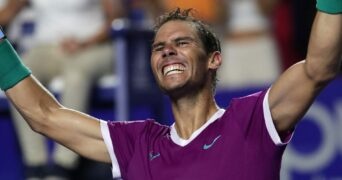 Spain's Rafael Nadal celebrates after winning his semifinal match against Russia's Daniil Medvedev at the Abierto Mexicano