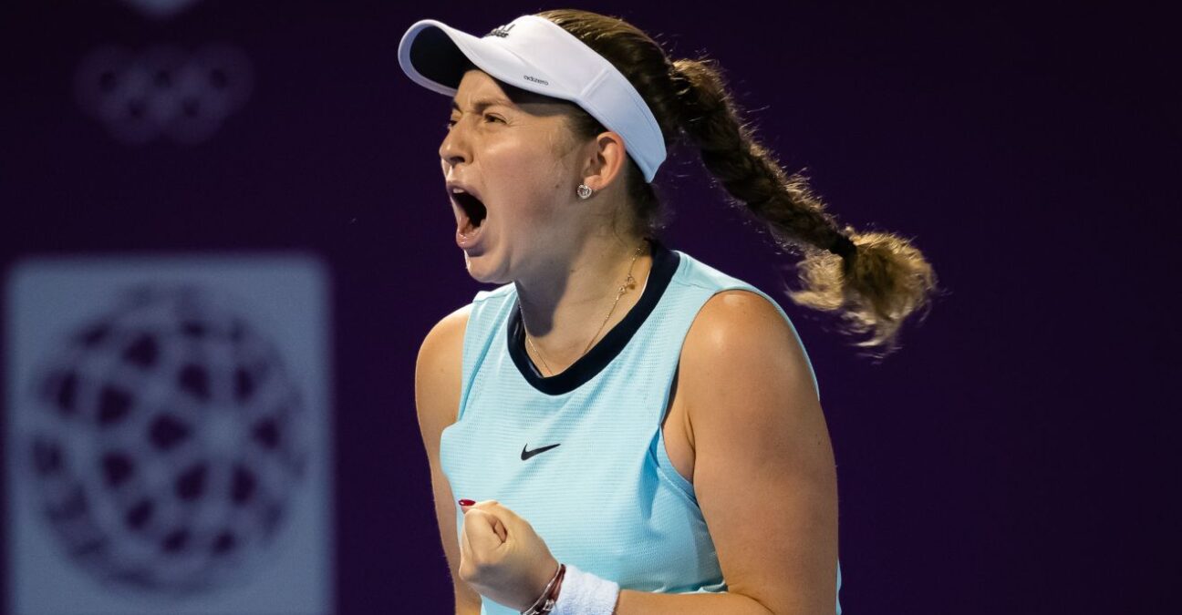 Jelena Ostapenko of Latvia in action during the 2022 Qatar TotalEnergies Open 2022 WTA 1000 tennis tournament