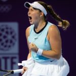 Jelena Ostapenko of Latvia in action during the 2022 Qatar TotalEnergies Open 2022 WTA 1000 tennis tournament