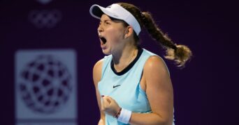 Jelena Ostapenko of Latvia in action during the 2022 Qatar TotalEnergies Open 2022 WTA 1000 tennis tournament