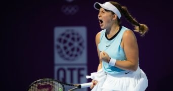 Jelena Ostapenko of Latvia in action during the 2022 Qatar TotalEnergies Open 2022 WTA 1000 tennis tournament