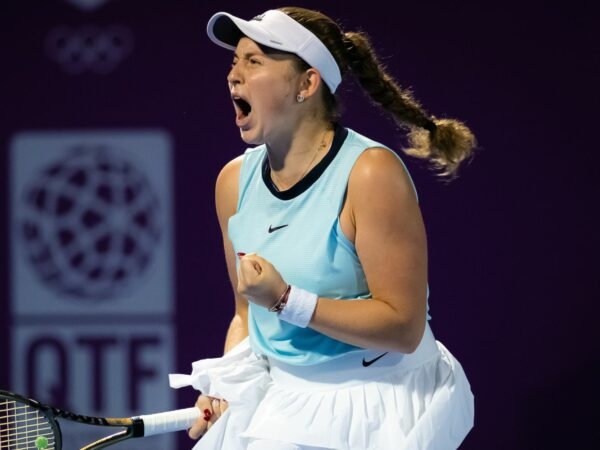 Jelena Ostapenko of Latvia in action during the 2022 Qatar TotalEnergies Open 2022 WTA 1000 tennis tournament