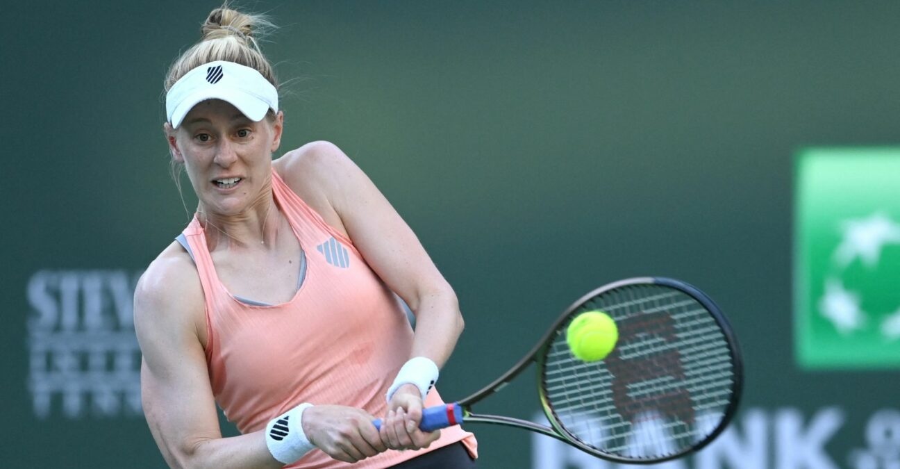 Alison Riske (USA) hits a shot in her 2nd round match at the BNP Paribas Open at the Indian Wells Tennis Garden.
