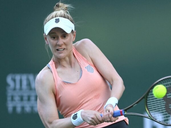 Alison Riske (USA) hits a shot in her 2nd round match at the BNP Paribas Open at the Indian Wells Tennis Garden.