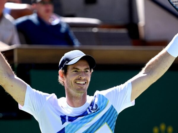 Andy Murray (GBR) celebrates after defeating Taro Daniel (JPN) for his 700th career match win at the BNP Paribas Open at the Indian Wells Tennis Garden.