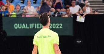 Thanasi Kokkinakis after winning during the Davis Cup qualification round