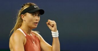 Paula Badosa reacts during her fourth round women's singles match in the Miami Open at Hard Rock Stadium.