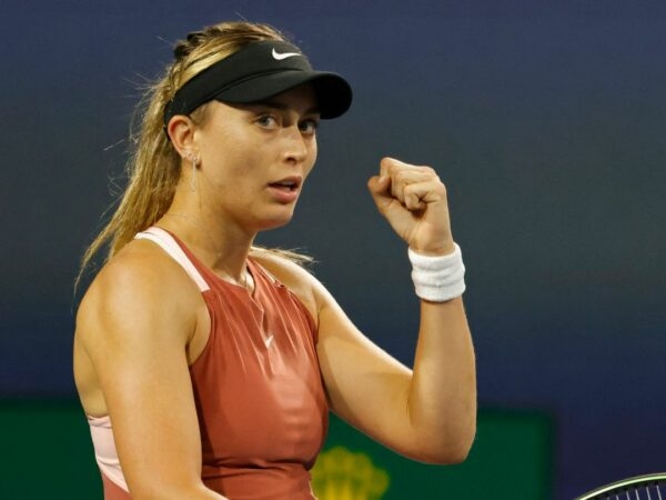 Paula Badosa reacts during her fourth round women's singles match in the Miami Open at Hard Rock Stadium.