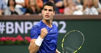 Carlos Alcaraz (ESP) in his quarterfinal match at the BNP Paribas Open at the Indian Wells Tennis Garden.