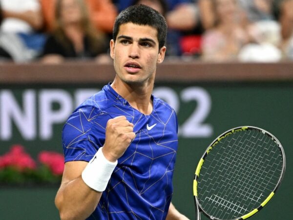 Carlos Alcaraz (ESP) in his quarterfinal match at the BNP Paribas Open at the Indian Wells Tennis Garden.