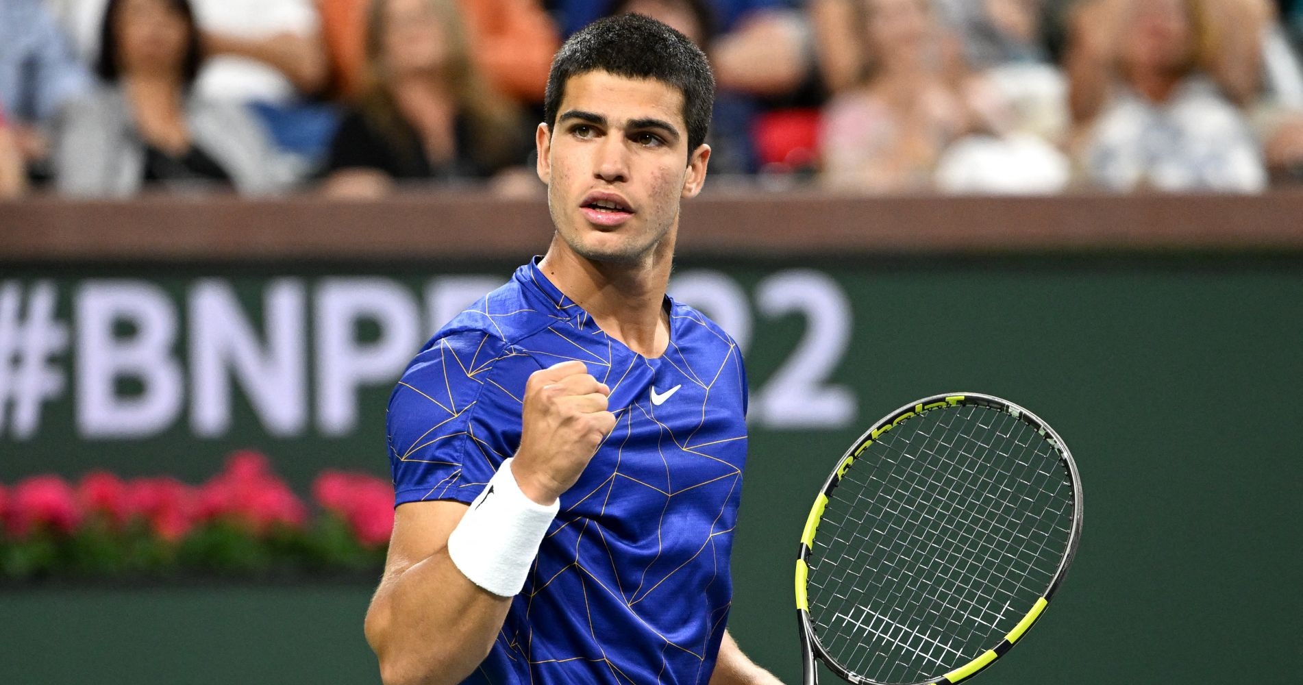 Carlos Alcaraz (ESP) in his quarterfinal match at the BNP Paribas Open at the Indian Wells Tennis Garden.