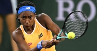 Coco Gauff (USA) hits a shot in her third round match against Simona Halep (ROU) at the BNP Paribas Open at the Indian Wells