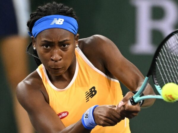 Coco Gauff (USA) hits a shot in her third round match against Simona Halep (ROU) at the BNP Paribas Open at the Indian Wells