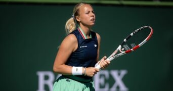 Anett Kontaveit of Estonia in action during the second round of the 2022 BNP Paribas Open WTA 1000 tennis tournament