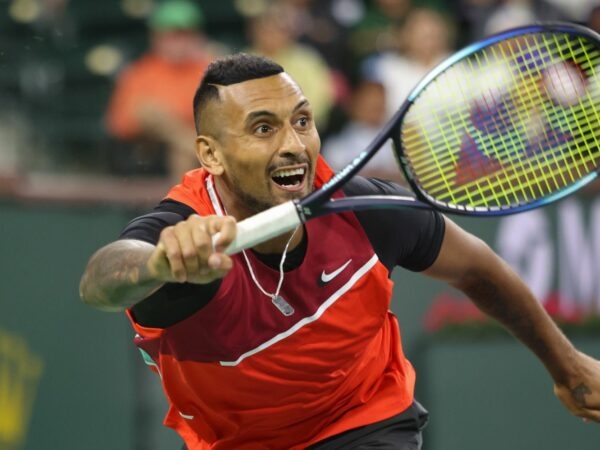 Nick Kyrgios (AUS) hits a forehand during the BNP Paribas Open on March 11, 2022 at Indian Wells Tennis Garden in Indian Wells,