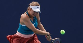 Linda Fruhvirtova (CZE) hits a backhand during her second round women's match in the Miami Open at Hard Rock Stadium.