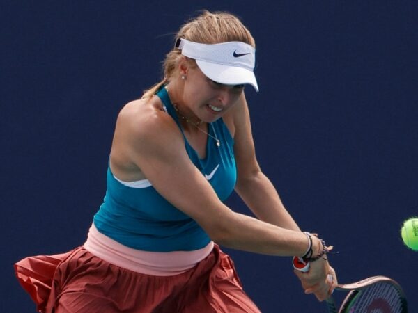 Linda Fruhvirtova (CZE) hits a backhand during her second round women's match in the Miami Open at Hard Rock Stadium.