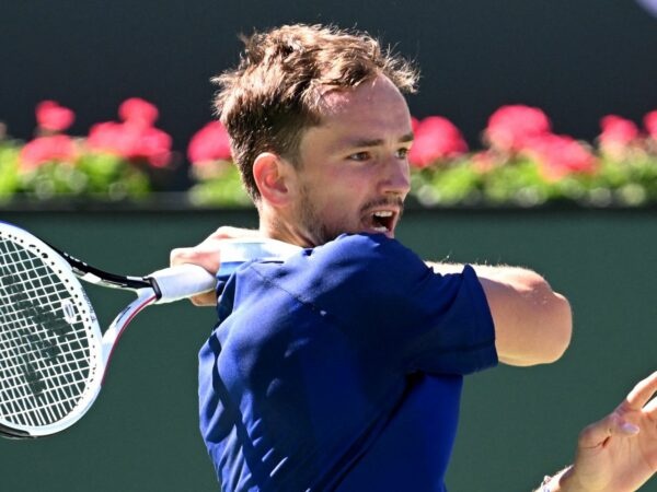 Daniil Medvedev hits a shot in his 2nd round match at the BNP Paribas open at the Indian Wells Tennis Garden.