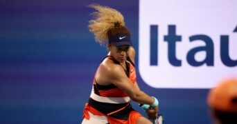 Naomi Osaka during her quarter final match on day 9 of the Miami Open at Hard Rock Stadium