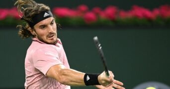 Stefanos Tsitsipas (GRE) hits a shot in his third round match during the BNP Paribas Open at the Indian Wells Tennis Garden.